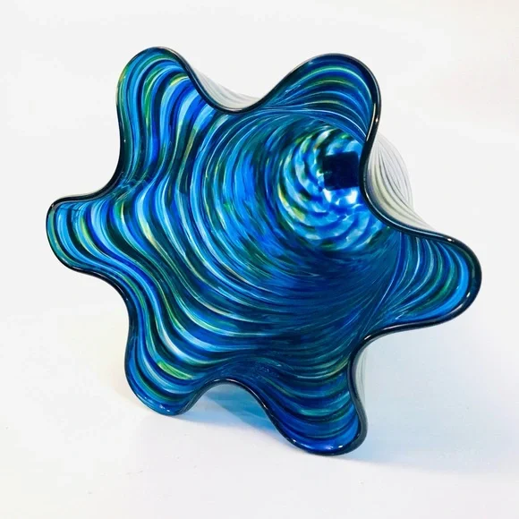 Arribas Brothers Walt Disney World Blown Glass Ruffled Vase 9” Blue Yellow Swirl - Picture 10 of 15